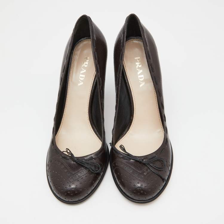 Pre Owned Prada Brown Leather Bow Pumps Size 37