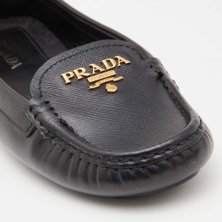 Pre Owned Prada Black Leather Slip On Loafers Size 38