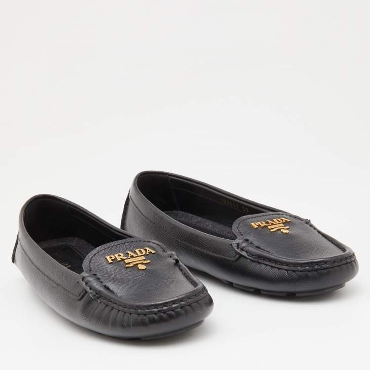 Pre Owned Prada Black Leather Slip On Loafers Size 38