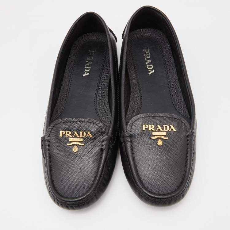 Pre Owned Prada Black Leather Slip On Loafers Size 38