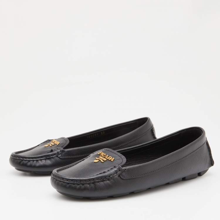 Pre Owned Prada Black Leather Slip On Loafers Size 38