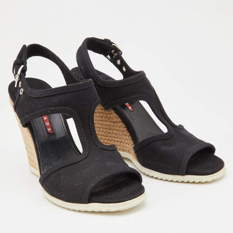 Pre Owned Prada Black Canvas Wedge Sport Sandals Size 37
