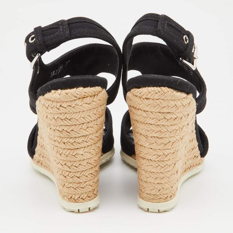 Pre Owned Prada Black Canvas Wedge Sport Sandals Size 37