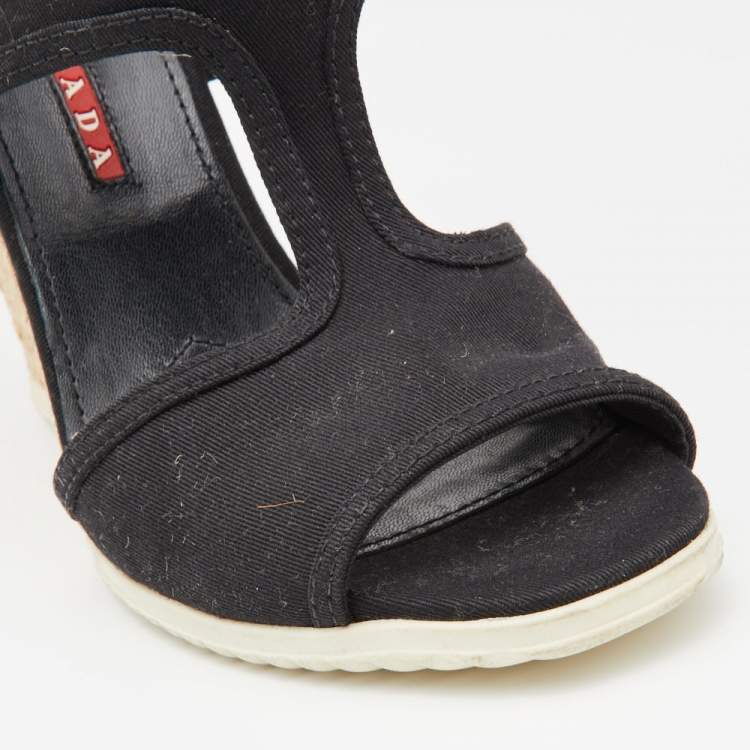 Pre Owned Prada Black Canvas Wedge Sport Sandals Size 37