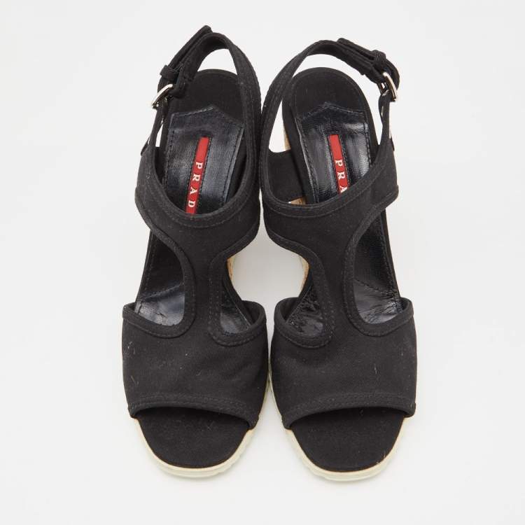 Pre Owned Prada Black Canvas Wedge Sport Sandals Size 37