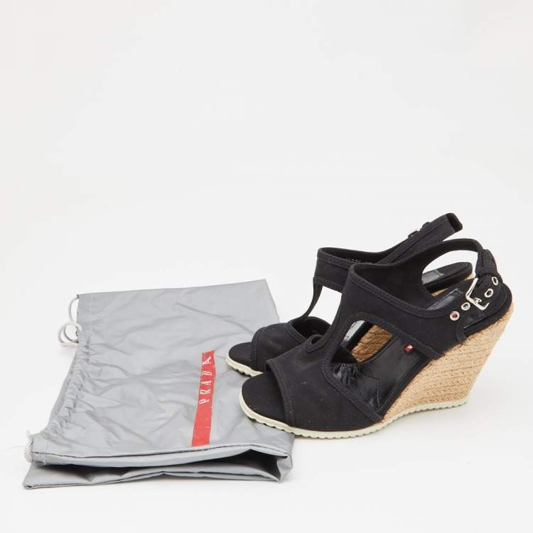 Pre Owned Prada Black Canvas Wedge Sport Sandals Size 37