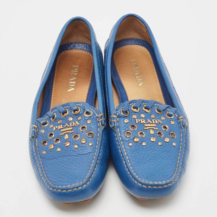 Pre Owned Prada Blue Leather Studded Slip On Loafers Size 36