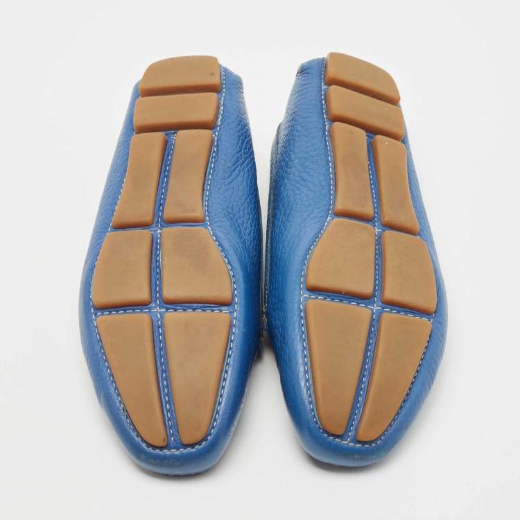Pre Owned Prada Blue Leather Studded Slip On Loafers Size 36
