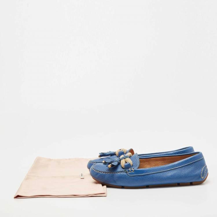 Pre Owned Prada Blue Leather Tassel Slip On Loafers Size 38