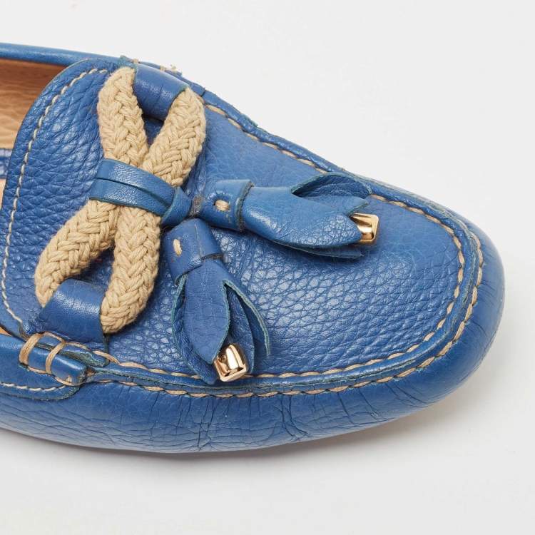 Pre Owned Prada Blue Leather Tassel Slip On Loafers Size 38