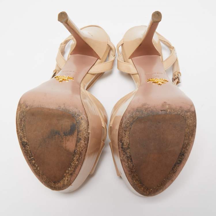 Pre Owned Prada Beige Patent Leather Ankle Strap Platform Sandals Size 36