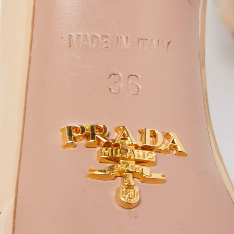Pre Owned Prada Beige Patent Leather Ankle Strap Platform Sandals Size 36