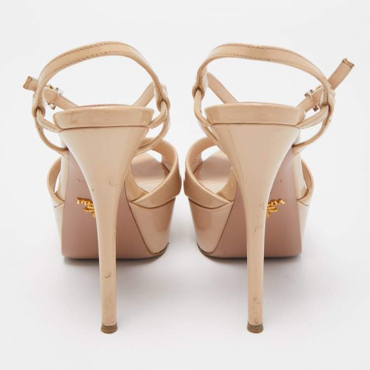 Pre Owned Prada Beige Patent Leather Ankle Strap Platform Sandals Size 36