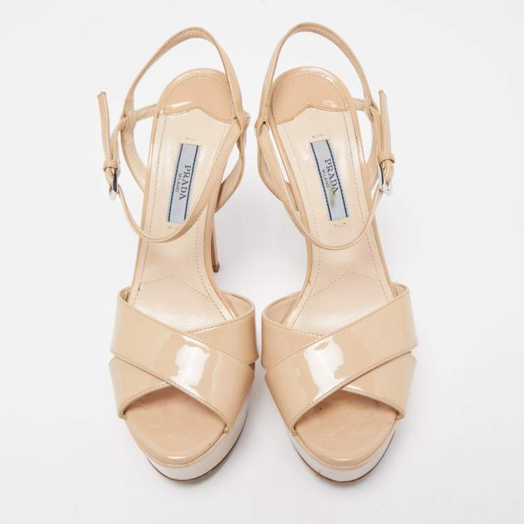 Pre Owned Prada Beige Patent Leather Ankle Strap Platform Sandals Size 36