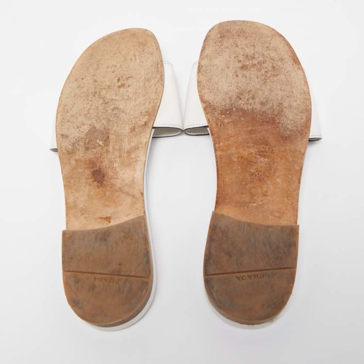 Pre Owned Prada White Leather Logo Cut Out Flat Slides Size 38.5