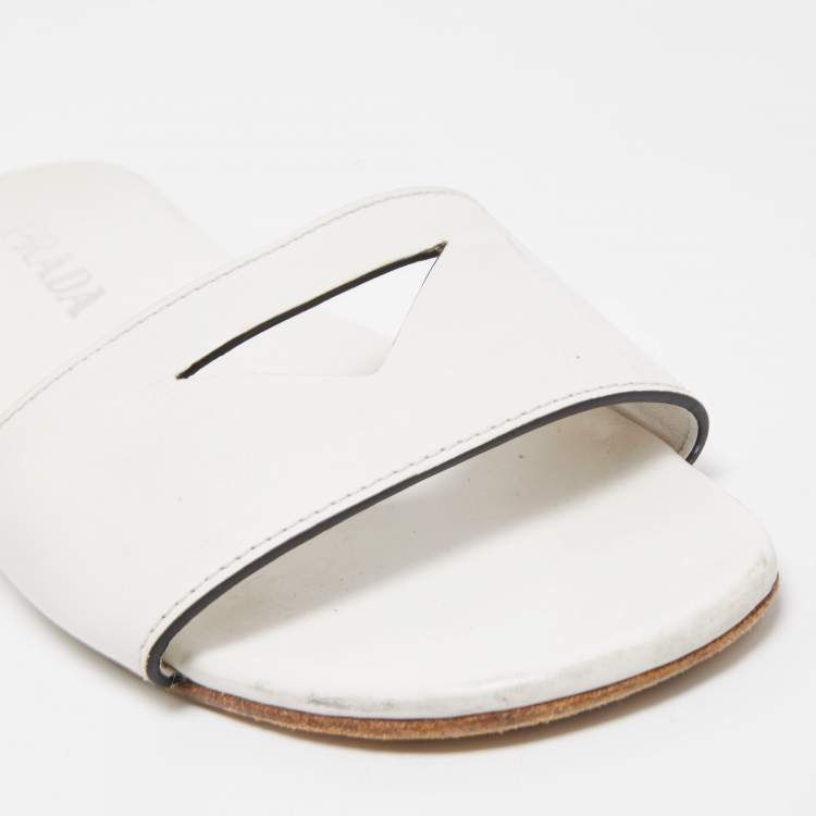 Pre Owned Prada White Leather Logo Cut Out Flat Slides Size 38.5