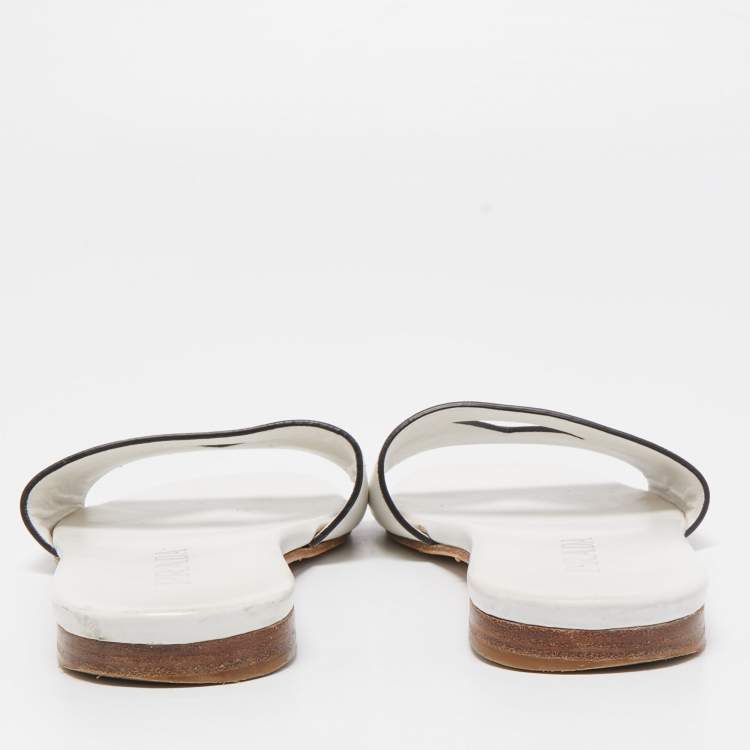 Pre Owned Prada White Leather Logo Cut Out Flat Slides Size 38.5