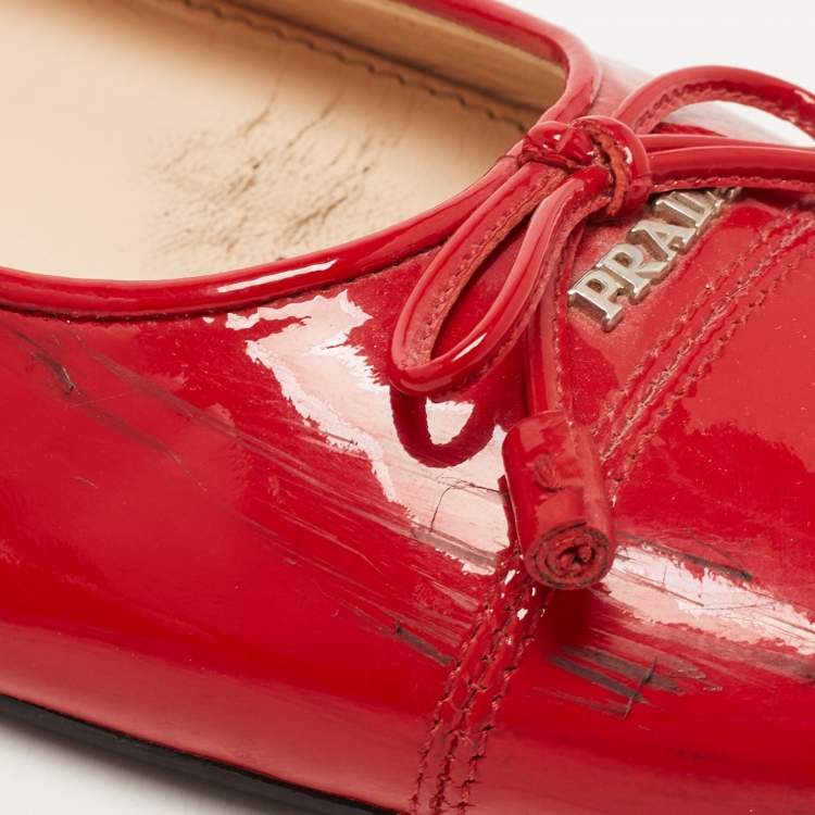 Pre Owned Prada Red Patent Leather Bow Ballet Flats Size 38