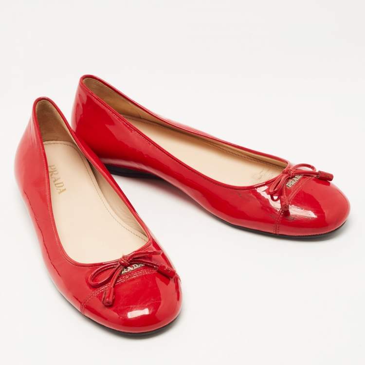 Pre Owned Prada Red Patent Leather Bow Ballet Flats Size 38