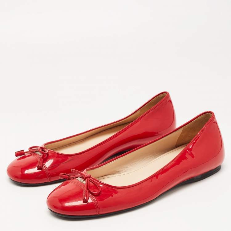 Pre Owned Prada Red Patent Leather Bow Ballet Flats Size 38