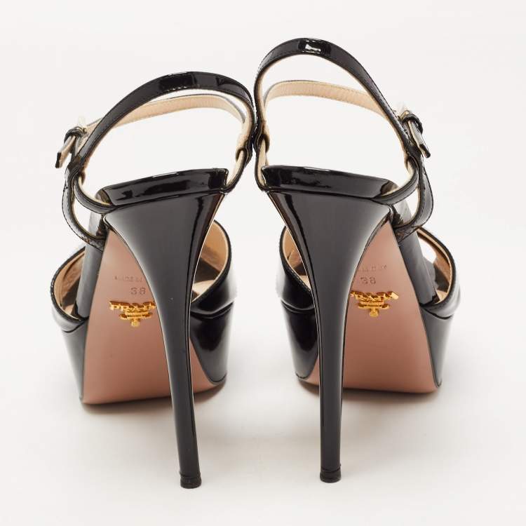 Pre Owned Prada Black Patent Leather Ankle Strap Platform Sandals Size 38