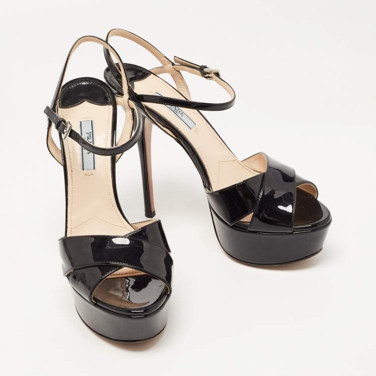 Pre Owned Prada Black Patent Leather Ankle Strap Platform Sandals Size 38
