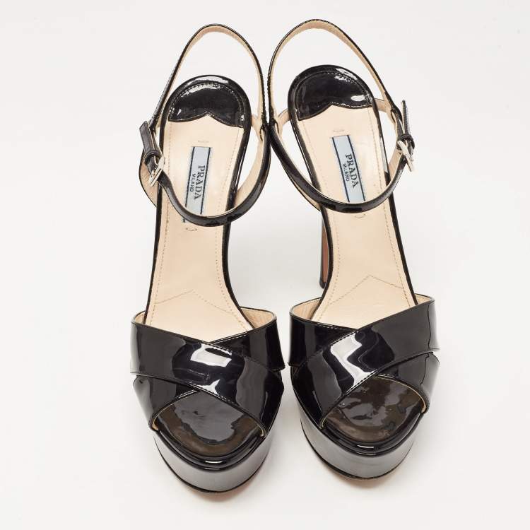 Pre Owned Prada Black Patent Leather Ankle Strap Platform Sandals Size 38