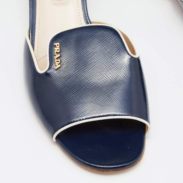 Pre Owned Prada Blue/White Saffiano Patent Leather Block Heel Slides Size 40