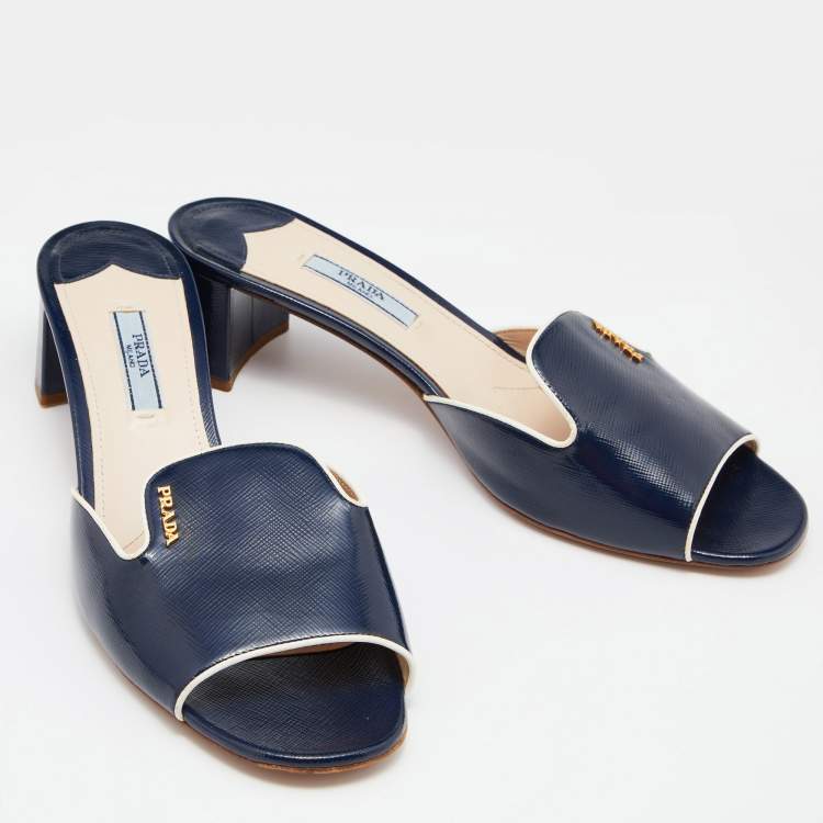 Pre Owned Prada Blue/White Saffiano Patent Leather Block Heel Slides Size 40