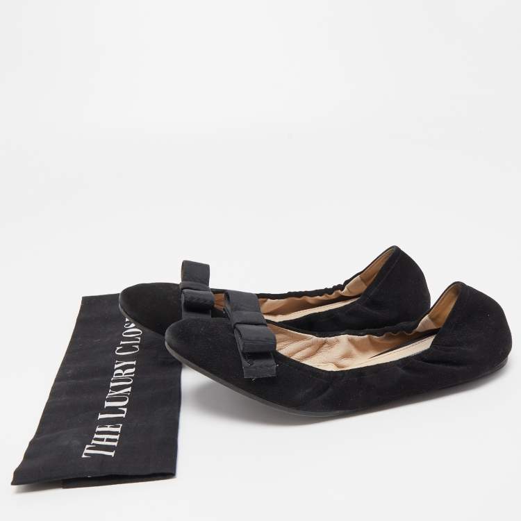 Pre Owned Prada Black Suede Scrunch Ballet Flats Size 39.5