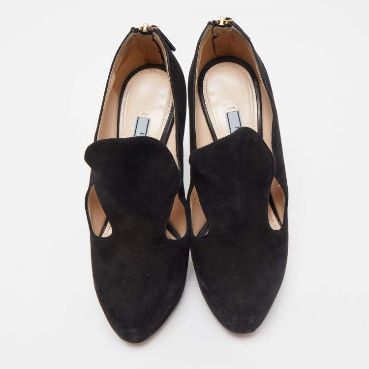Pre Owned Prada Black Suede Zip detail Cut Out Platform Booties Size 36.5