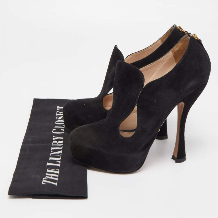 Pre Owned Prada Black Suede Zip detail Cut Out Platform Booties Size 36.5
