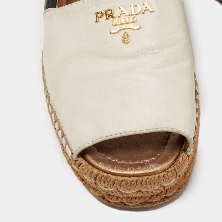 Pre Owned Prada White /Black Leather Peep Toe Espadrille Flats Size 38