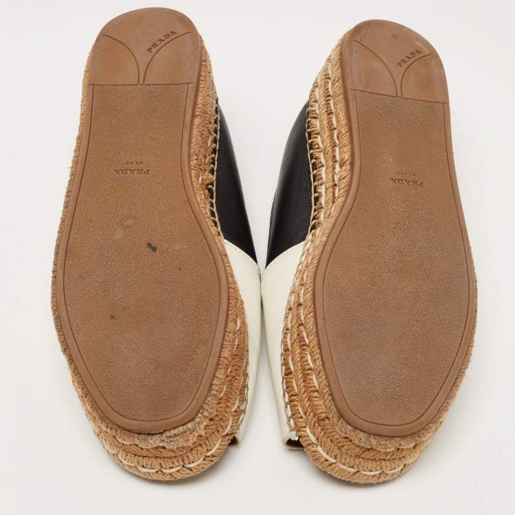 Pre Owned Prada White /Black Leather Peep Toe Espadrille Flats Size 38