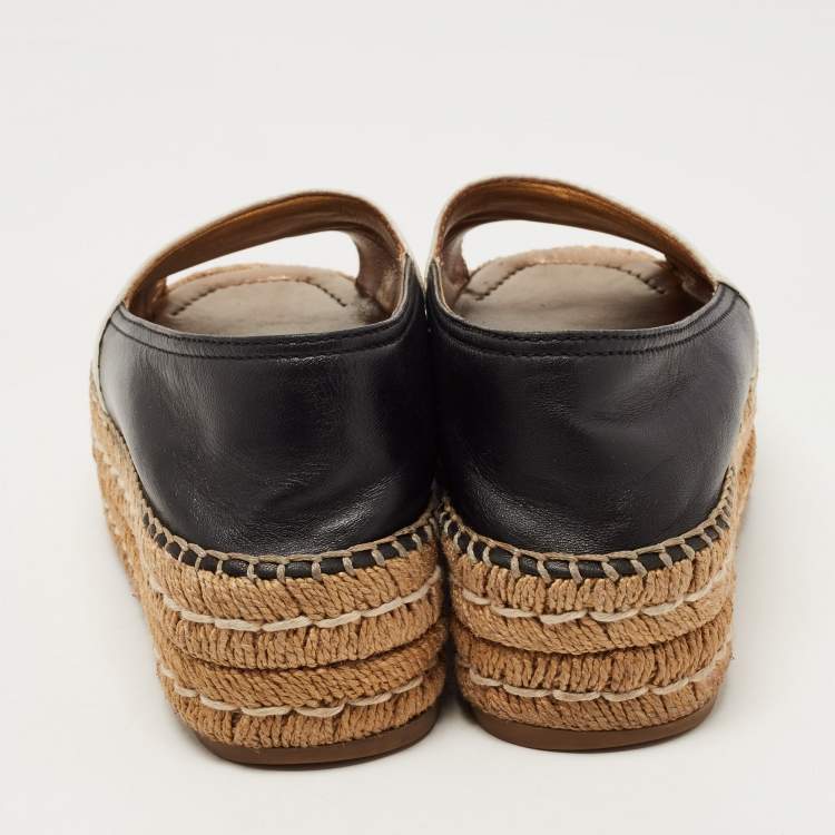 Pre Owned Prada White /Black Leather Peep Toe Espadrille Flats Size 38