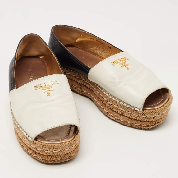 Pre Owned Prada White /Black Leather Peep Toe Espadrille Flats Size 38