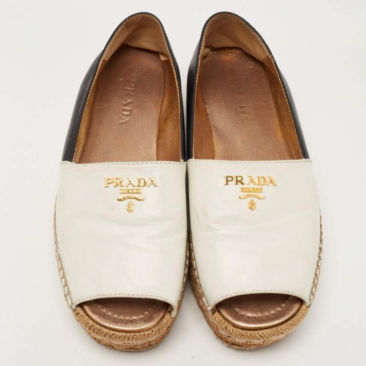Pre Owned Prada White /Black Leather Peep Toe Espadrille Flats Size 38