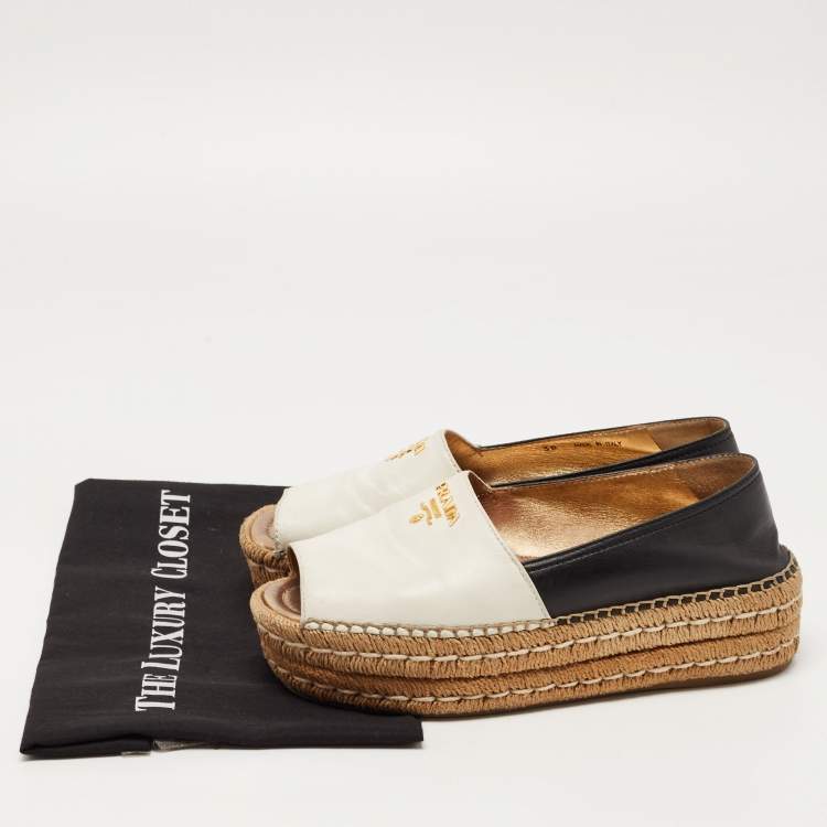 Pre Owned Prada White /Black Leather Peep Toe Espadrille Flats Size 38