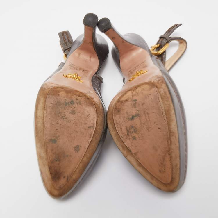Pre Owned Prada Grey Leather Slingback Pumps Size 36