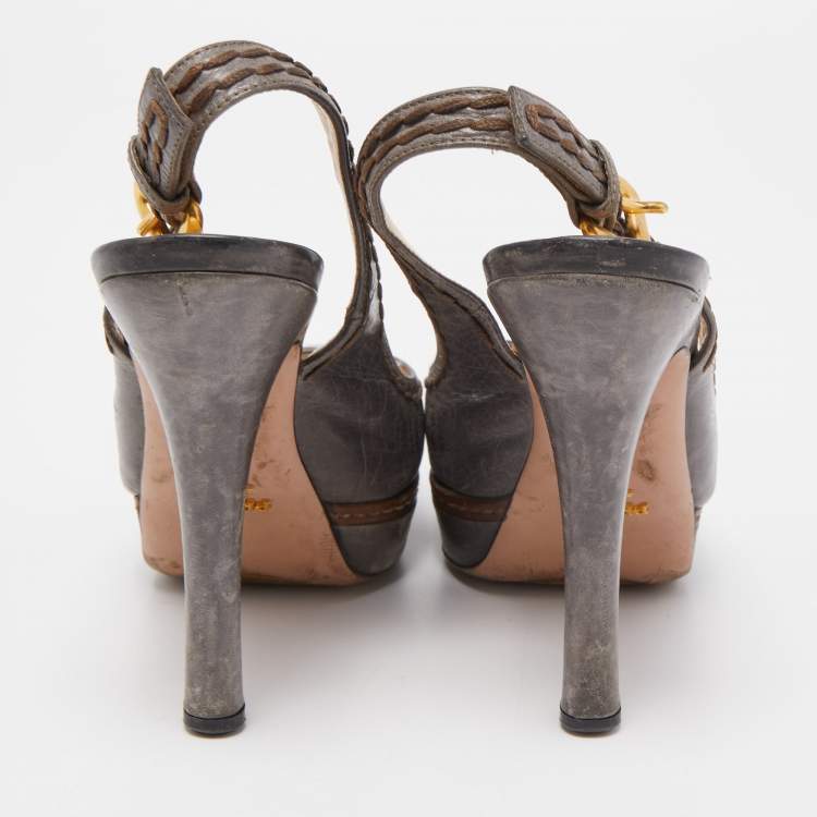 Pre Owned Prada Grey Leather Slingback Pumps Size 36