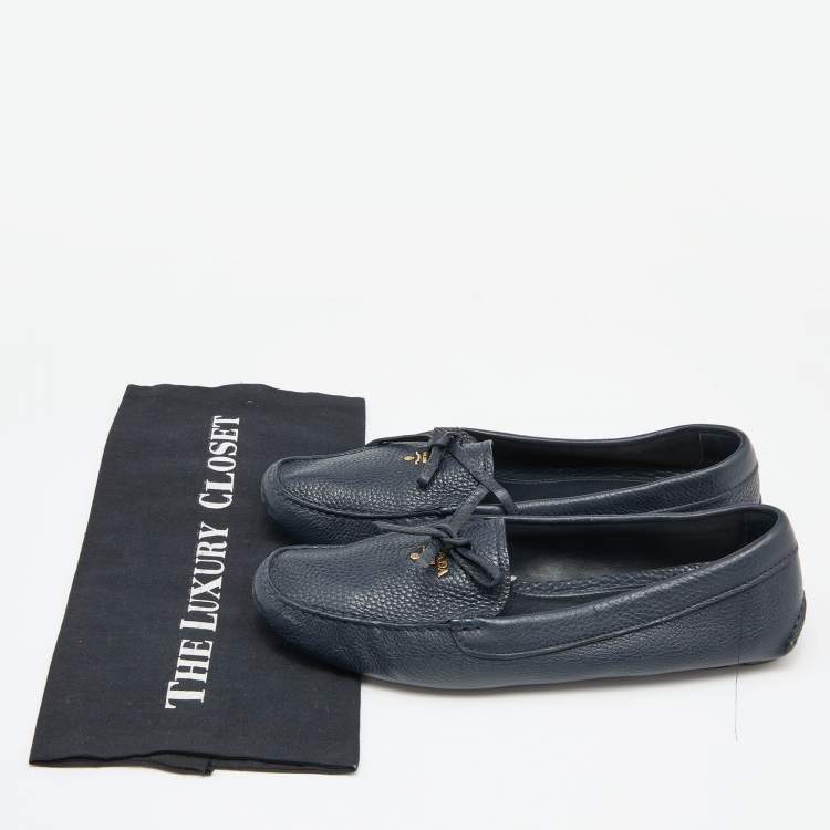 Pre Owned Prada Navy Blue Leather Bow Loafers Size 41