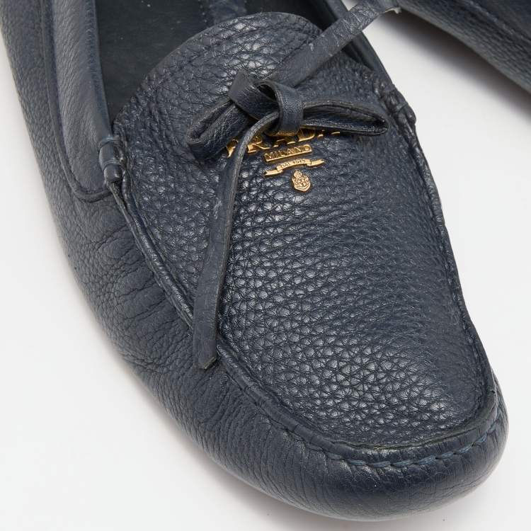 Pre Owned Prada Navy Blue Leather Bow Loafers Size 41