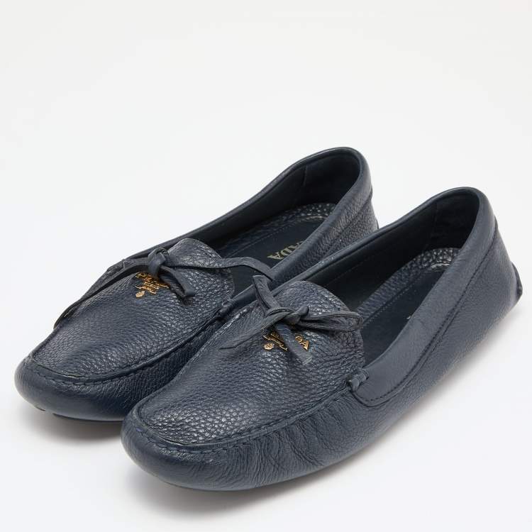 Pre Owned Prada Navy Blue Leather Bow Loafers Size 41