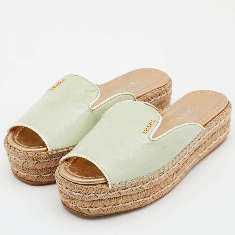 Pre Owned Prada Light Green Saffiano Patent  Leather Platform Espadrille Flats Size 40