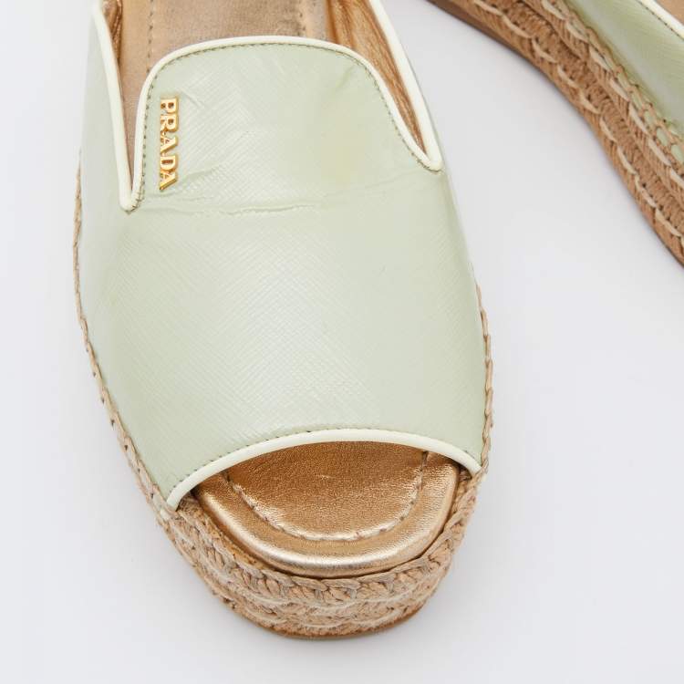 Pre Owned Prada Light Green Saffiano Patent  Leather Platform Espadrille Flats Size 40