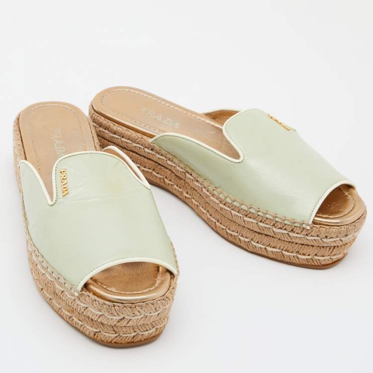 Pre Owned Prada Light Green Saffiano Patent  Leather Platform Espadrille Flats Size 40