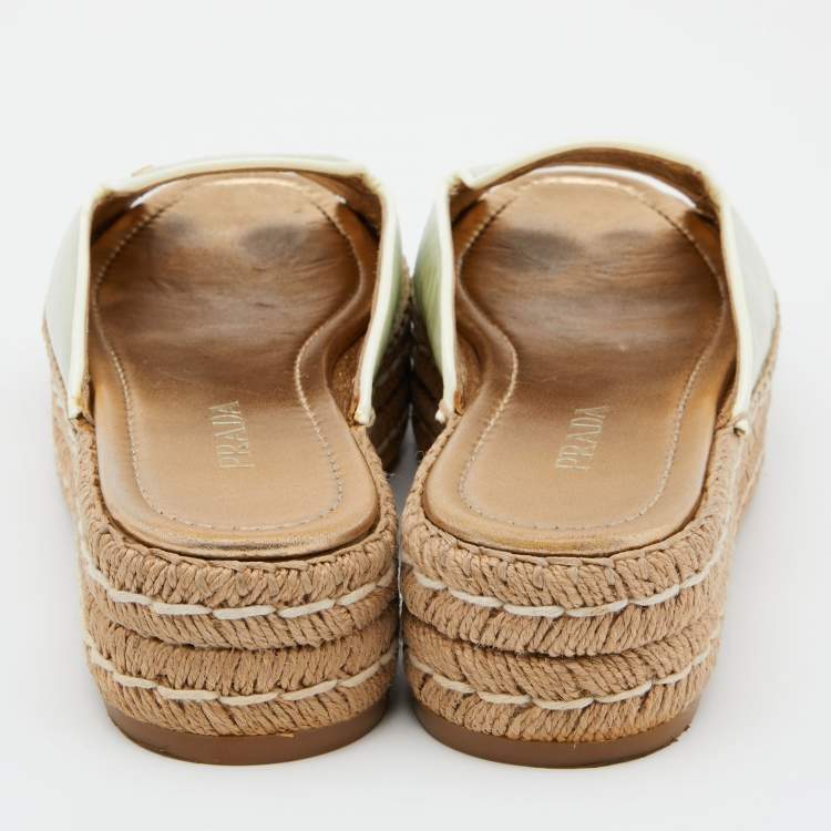 Pre Owned Prada Light Green Saffiano Patent  Leather Platform Espadrille Flats Size 40