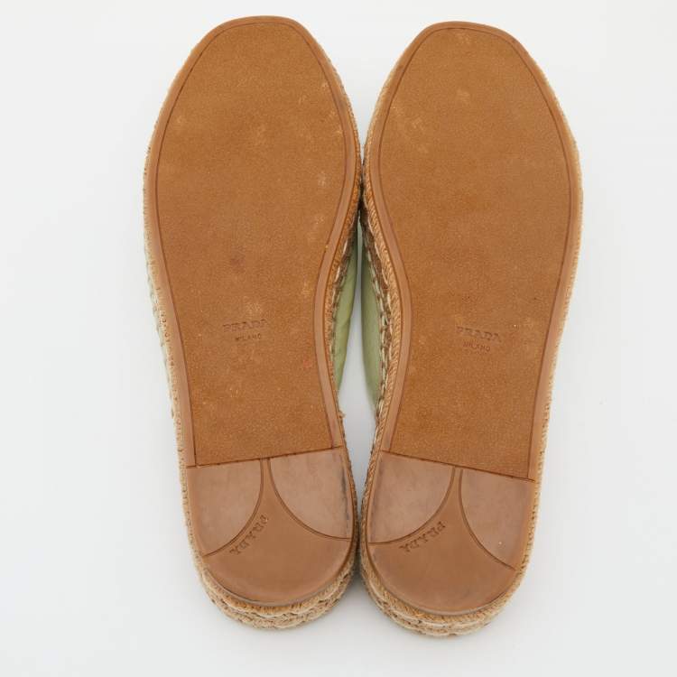 Pre Owned Prada Light Green Saffiano Patent  Leather Platform Espadrille Flats Size 40