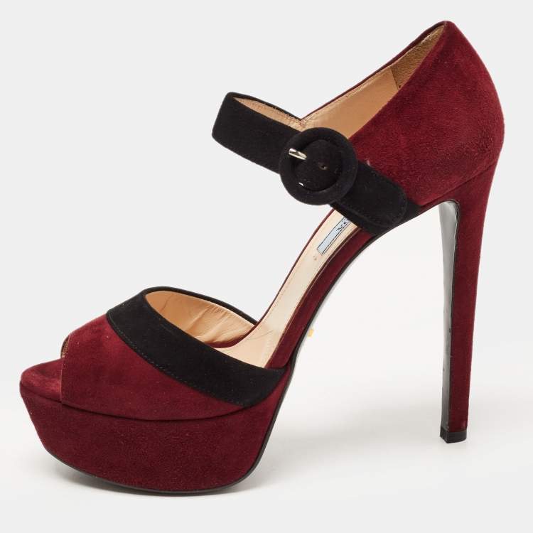 Pre Owned Prada Burgundy/Black Suede Peep Toe Platform Ankle Strap Sandals Size 39