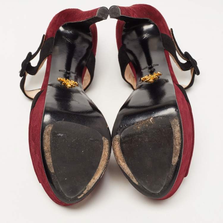Pre Owned Prada Burgundy/Black Suede Peep Toe Platform Ankle Strap Sandals Size 39